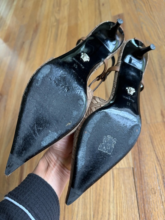 Versace Brown Logo-Jacquard Pointed Slingback Heels - Picture 3 of 7